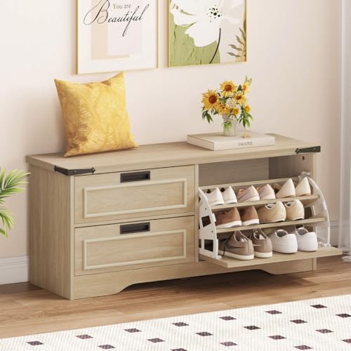 FATORRI Entryway Bench with Shoe Storage, Wooden Shoe Benches with Flip Drawer, Entry Way Shoes Rack Cabinet for Living Room Mudroom (Light Walnut)