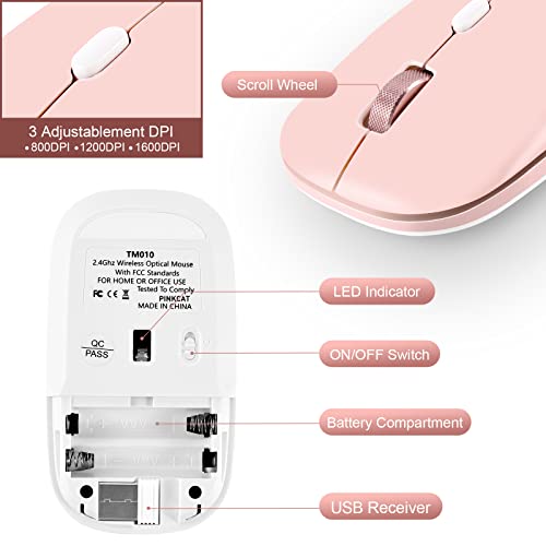Pinkcat Wireless Mouse, 2.4G Slim Silent Cordless Mouse With Usb Receiver, 3 Adjustable Dpi Portable Optical Wireless Computer Mice For Laptop, Pc, Notebook, Computer, Deskbtop, Macbook - (Pink) #TOP5
