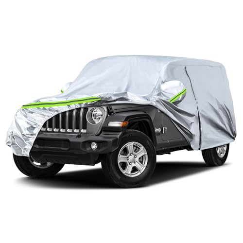 Image of Waterproof Car Covers Replace for 2007-2025 Jeep Wrangler 4 Doors, 6 Layers Silver All Weather Car Cover with Zipper Door & Windproof Bands for Snow Rain Dust Hail Protection