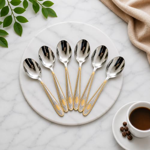 Image of Golden Coffee Spoon (Pack of 6) 15 cm Long Premium Golden Finish Stainless Steel Luxury Tea & Coffee Spoons Dessert, Soup, Daily Use Elegant Gold Tableware with Modern (Silver)