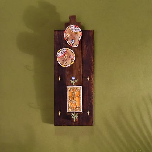 Image of AAKRITI ART CREATIONS Key Holder, Prabha Key Hanger with Brass Motifs and Beautiful Artwork | Rustic Dhokra & Wooden Wall Organizer with 4 Hooks | New Home Gifts.