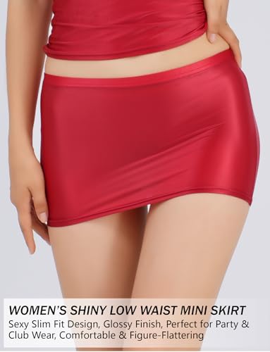 Panegy Women Shiny Oily Bodycon Skirt Sexy Glossy Low Waist Solid Mini Skirt Wet Look Stretch Slim Bottom2