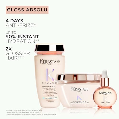 Image of Kerastase Gloss Absolu Creme Anti-Frizz Mask For Bouncy, Glossy Hair | Medium to Thick Hair | 4-Days Anti-Frizz | With Hyaluronic & Glycolic Acid, Wild Rose-In-Oil | 200ml