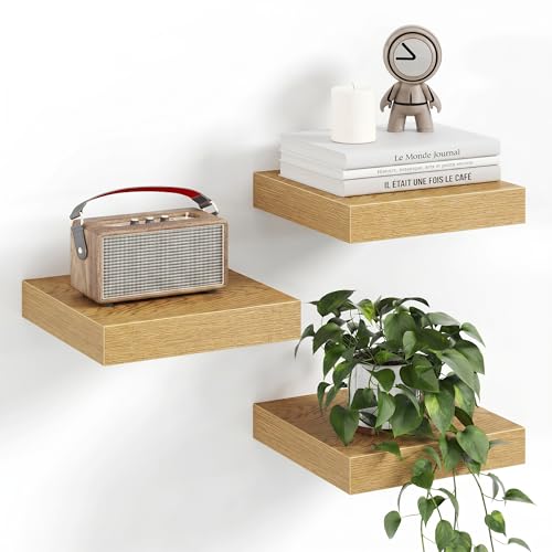 Image of Fun Memories Small Floating Shelves for Wall - 8 Inch Square Wall Shelves with Invisible Brackets, Oak Shelves for Bathroom, Living Room, Bedroom, and Kitchen Decor, Set of 3
