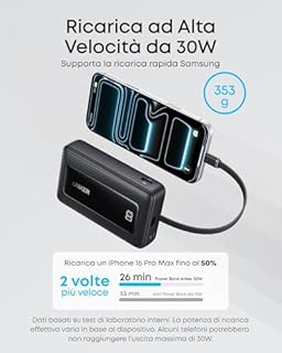 Anker Power Bank 20000mAh 30W, Caricabatterie Portatile ad Alta Velocità con cavo USB-C Integrato, per iPhone 17 Pro Max/16/15, MacBook, Galaxy e Altro(20000mAh, Nero)