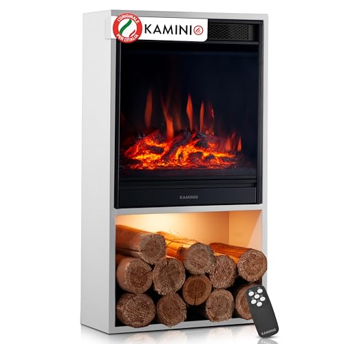 KAMINIO Camino elettrico Hugo - Stufa elettrica con riscaldamento, effetto fiamma 3D, luce ambiente a LED, scomparto de legno, telecomando (Bianco)