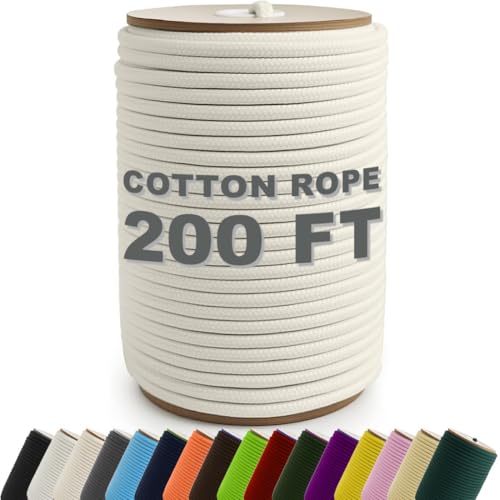 PerkHomy 200 Feet Cotton Rope 3/16 (5mm) Multi Purpose Utility Diamond Braided Cord Natural Cotton for Clothes Line Camping Crafting Flag Pole Natural White