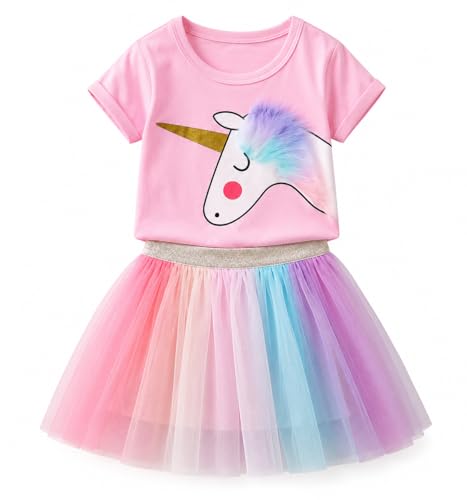 Image of Bold N Elegant Girls Unicorn T-Shirt Top & Rainbow Tutu Skirt Set | Cute Summer Outfit for Girls | Soft Cotton Top with Multicolor Net Skirt