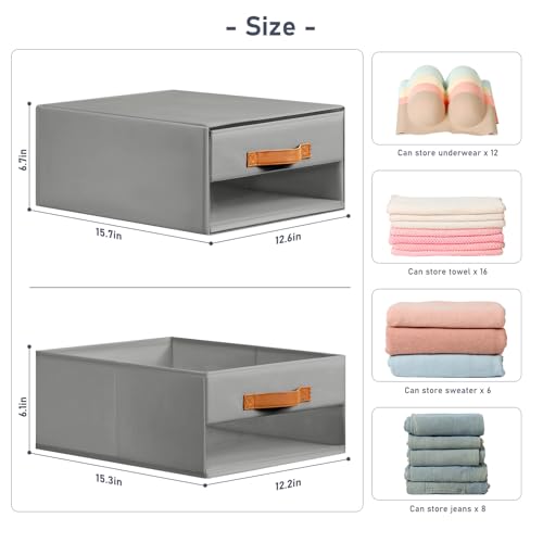 DIMJ Closet Organizers and Storage - Pull-Out Storage Bins with Drawers Foldable Stackable Storage Drawers with Clear Window,Fabric Clothes Organizers and Storage Drawers for Closet, 4-Pack, Grey