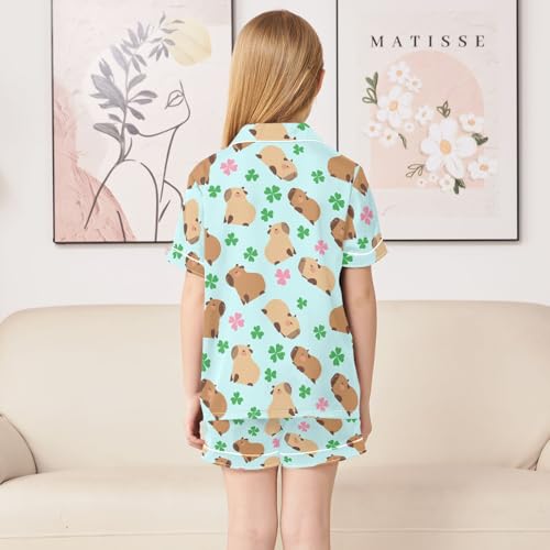 Capybara with Lucky Clover Blue Summer Satin Pajama Set, Cute Button-Down Sleepwear Pj Set for Sleep Wears4