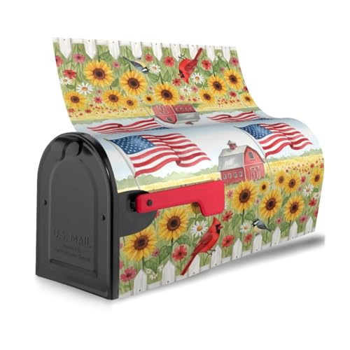Image of American Flowers Field Farm Flag Mailbox Cover Magnetic Rural Sunflowers and Birds Waterproof Mailbox Wraps Post Letter Box Decor 25.5x21 in