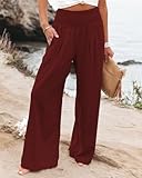 Pantalones Palazzo Casuales de Cintura Alta para Mujer, Pierna Ancha, Pantalones Largos de Moda con Bolsillo, Rojo -, Large