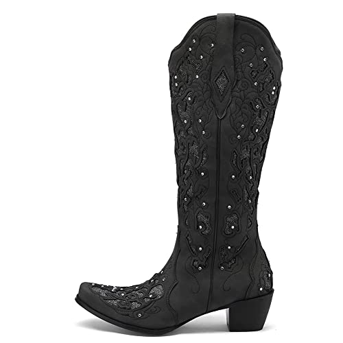 Sarairis S4RAIS00228-BLACK-37 Cowboy Boots For Women Cowgirl Western Boots Chunky Heel Pointed Toe Pull On Rhinestones Embroidered Knee High Mid Calf Boots thumb #4