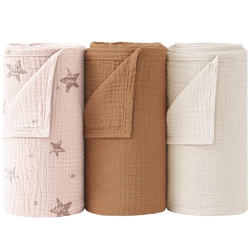 Image of Bearmoss Muslin Swaddle Blankets, 40 x 38 inches Baby Swaddle for Boys and Girls, Soft Baby Blanket, 3 Pack Breathable Nursery Receiving Blankets (Pink Star)