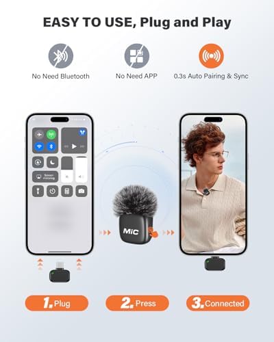 Wireless Lavalier Microphone for iPhone Android Laptop, Plug and Play Mini Clip on Mic with Noise Reduction, Mute, Reverb, USB-C Receiver, Lightning & USB-A Adapters - View 6