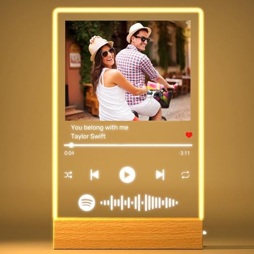 JIURUIFFC Lampada Spotify Personalizzata Con Foto, Targa Spotify Glass Regali Foto Personalizzata Con Base Supporto a Scelta - Idee Regalo originale per San Valentino, Anniversari, Natale