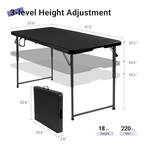 Image of Byliable Folding Table 4 Foot, Heavy Duty Portable Plastic Fold-in-Half Utility 4ft Folding Table with Carrying Handle for Indoor Outdoor, Camping Picnic Party, Black
