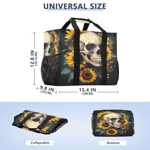 Large Waterproof Travel Tote Bag for Women Men, Floral Sunflower Skull Canvas Beach Bag with Lining & Pockets - Reusable Grocery/Laundry/Kitchen/Pool/Picnic Tote (15.4x9.8x12.8in)3