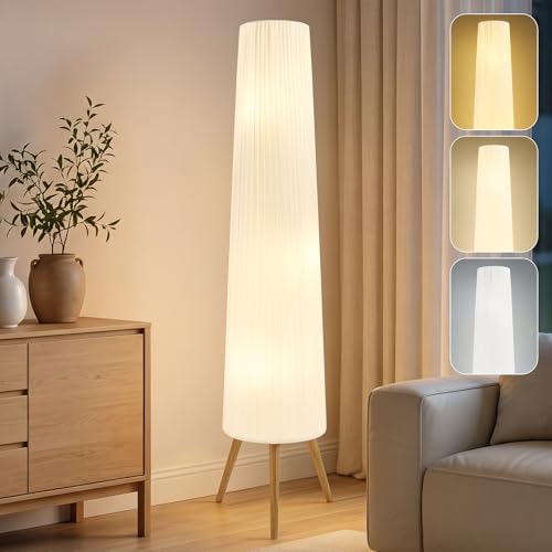 GyroVu 60 Inch Wood Floor Lamp, White Cloth Shade, Color Temperature Adjustable Softlighting Corner Lamp, 3 Bulbs Standing Lamp, Creative Ambient Light for Living Room Bedroom&Office-Bulbs Included