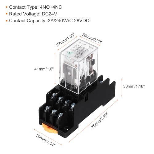 Relé electromagnético 24V CC de 14 pines con base DPDT 4NO 4NC 2