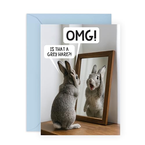 Funny Birthday Card for Men OMG Grey Hare Hilarious Pun Greeting Card for Dad Husband Brother Boyfriend Uncle Grandad Brother Friends Coworkers Him - Getting Older Comes with Stickers