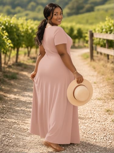 Image of PinkPatty Plus Size Dress for Women Casual Crew Neck Short Sleeve Maxi Dress Oversized Summer Beach Dresses with Pockets
