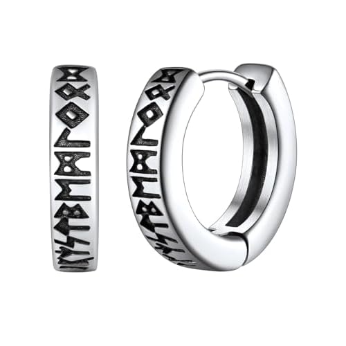 FaithHeart Norse Viking Runes Hoop Earrings for Men Hypoallergenic Stainless Steel Punk Huggie Hoop Earring Sturdy Norse Mythology Jewelry Gifts with Delicate Packaging A-Hoop-Silver
