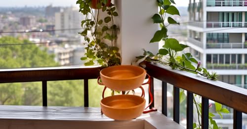 Image of ZENRISE Terracotta Bird Feeder, Water Tray, Bath tub for Birds in Balcony, Garden and cage - Brown, Clay, Small 12cm, Set of 2