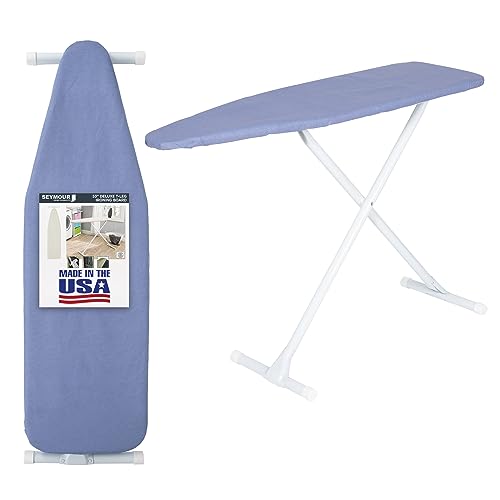Ironing Board Full Size; Made in USA by Seymour Home Products (Solid Blue) Bundle Includes Cover + Pad | Iron Board w/Steel T-Legs Adjustable from Tabletop up to 36