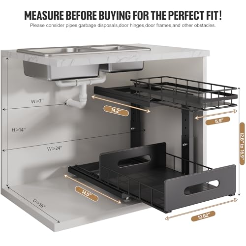 Image of Under Sink Organizer Upgrade To Professional Rails,2-Tier Dual Pull Out Cabinet Storage,Height Adjustable Slide Out Drawers For Bathroom Kitchen,2 Pack-14.5 inch Dx12.8-16.9 inch H,Black