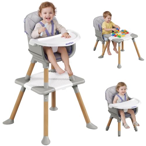 Image of MOMFANN 6-in-1 Convertible High Chair for Babies and Toddlers, Natural Wood Toddler High Chair with Adjustable Tray & & 5-Point Harness, Dishwasher-Safe