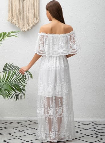 Image of HOYISHION Women's Off The Shoulder Floral Lace Maxi Dress White Bridesmaid Wedding Party Maternity Photoshoot Long Dresses