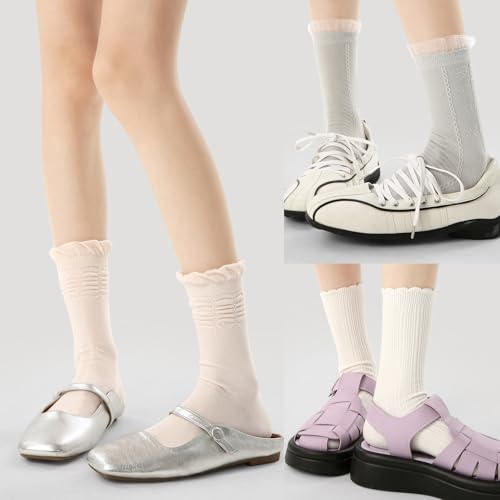 Image of 3 Pairs Women's Delicate Cotton Socks with Ruffled Lace Trim Elegant Cozy Dress Socks in Matching Styles (One Size, Camellias)