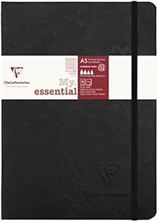 Clairefontaine - Ref 793461C - Age Bag Thread-Bound Notebook (192 Pages) - A5 Size, Lined Rulings, 90gsm Brushed Vellum Paper, Elastic Closure - Black Cover