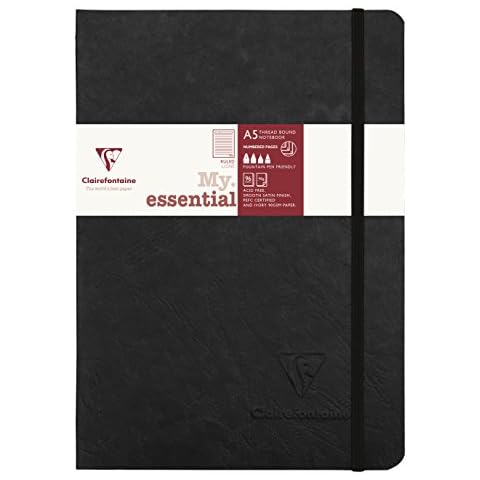 Clairefontaine - Ref 793461C - Age Bag Thread-Bound Notebook (192 Pages) - A5 Size, Lined Rulings, 90gsm Brushed Vellum Paper, Elastic Closure - Black Cover Cover