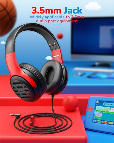 Image of awatrue Kids Headphones for School Travel, 85 /94dB Safe Volume Limit, 3.5mm Jack, HD Mic, Portable Wired Headphone with Shareport, Stereo Sound On-Ear Headphones for Toddler Kids Girls Boys BlackRed