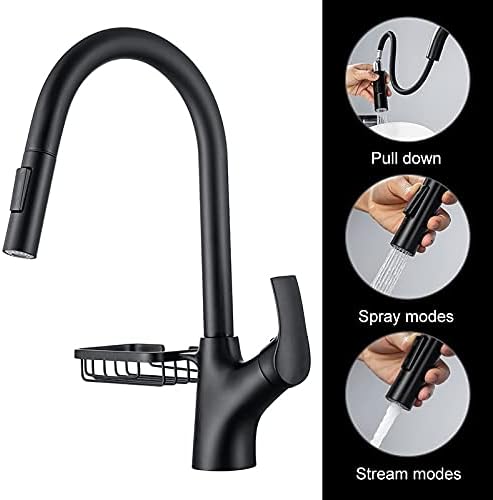 Kitchen Sink Faucet for Bar Farmhouse Commercial, Black/Golden Pull Out Kitchen Faucets with Storage Basket, Hot Cold Water Stream Sprayer Spout Tap Mixer for Kitchen (Color : B-Black)