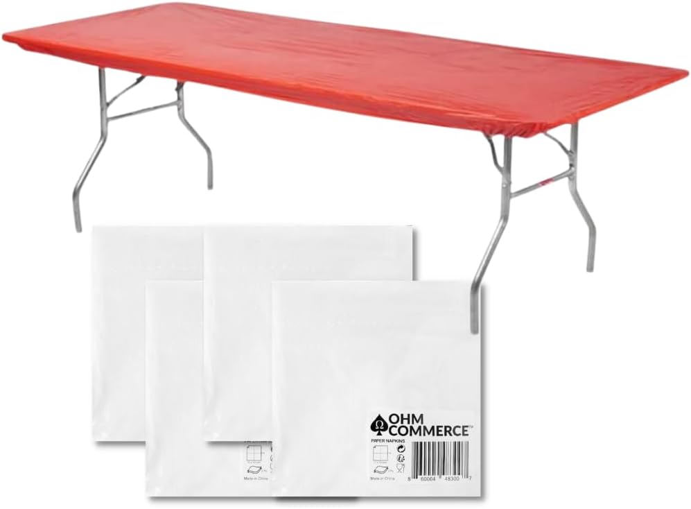 Kwik-Covers Rectangular Plastic Table Covers 8' Bundle of 5 with Seventy (70) Ohm Commerce Paper Napkins - Indoor or Outdoor Fitted Table Covers (Table NOT Included) (30"x 96" Red)