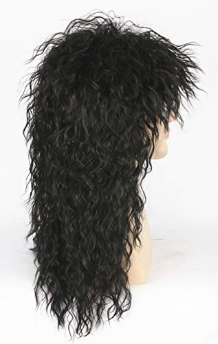 Topcosplay Men’s 80S Wig Black Mullet Wigs Halloween Costume Male Wig Punk Heavy Metal Rocker Wig Curly Long #TOP3