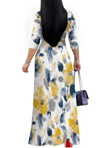 Image of PinkPatty Plus Size Maxi Dress for Women Casual V Neck 3 /4 Sleeve Boho Printed Long Dress with Pockets