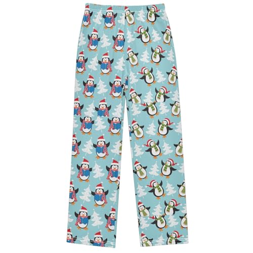 Boy's Pj Pants Happy Christmas Penguin Blue Lounge Bottoms Elastic Kids Sweatpants Joggers with Pockets Size 6-14