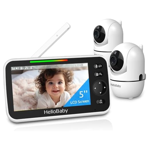 HelloBaby 5" Baby Camera Monitor, Monitor with Cameras and Audio, 2 Cameras Remote Pan/Tilt/Zoom, VOX Mode, Night Vision, 2-Way Talk, 8 Lullabies, Temperature and 1000ft Range