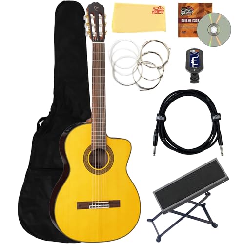 Takamine GC5CE Classical Cutaway Acoustic-Electric Guitar, Left Handed - Natural Bundle with Gig Bag, Instrument Cable, Tuner, Strings, Foot Stool, Austin Bazaar Instructional DVD, and Polishing Cloth