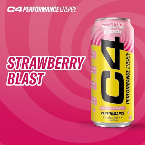 Cellucor C4 Energy Drink, STARBURST Strawberry, Carbonated Sugar Free Pre Workout Performance Drink with no Artificial Colors or Dyes, Pack of 12