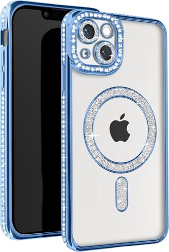 Image of DIZORO Compatible with (iPhone 15 Case) Clear Luxury Diamond Glitter Case |Camera Lens Protector with Glitter Ring | Premium Shockproof Glossy Shiny Back Cover Case for Girls Women -Blue