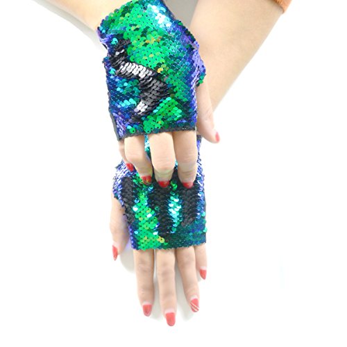 Sequin Gloves,Reversible Mermaid Fingerless Gloves Dance Party Favor Bracelet (Black-Green) #TOP30