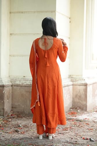 Image of MOKOSH Women's Silk Embroidery Anakrali Kurta Pant with Dupatta | Anarkali Kurta Set | Round Neck Full Sleeve Ethnic Suit | Floral Kurta 7 Colour Option Available | 3 Piece Outfit
