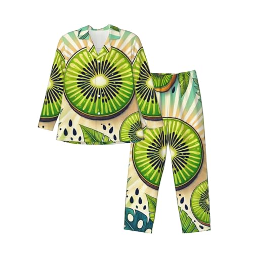 Mens Long Sleeves Pajama Set Summer Green Kiwi Tropical Cozy Two-Piece Loungewear For Nighttime Comfort,Casual Wear