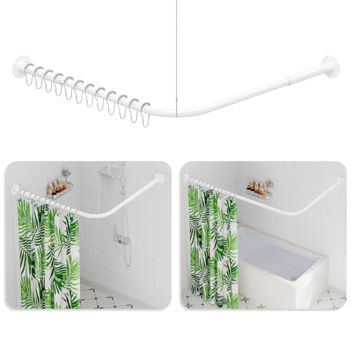 Duschvorhangstange L Form (60-135cm) × (60-135cm) Verstellbare Weiß Duschstange L Form Duschstange Ecke mit 12 Ringen & Deckenstütze für Badezimmer Bohren Erforderlich