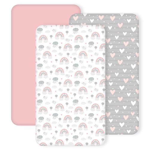 Image of 3 Pack Crib Sheets for Girls – Fitted Crib Sheets for Standard Crib Mattress and Toddler Mattress, Ultra Soft Breathable Washable Polyester, 28x52inch, Pink & Grey Heart